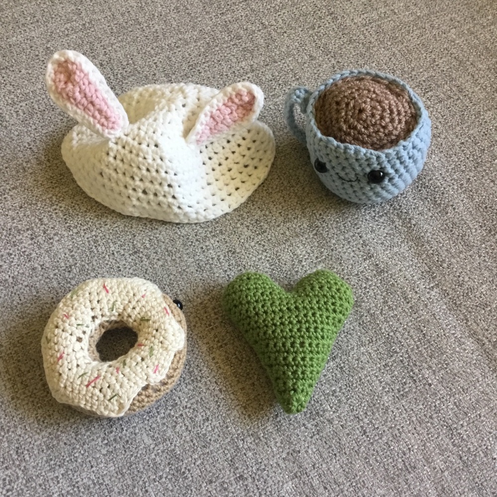 Handmade Crochet Bunny Hat & Play Food Set - White, Pink, Blue, Brown, Green